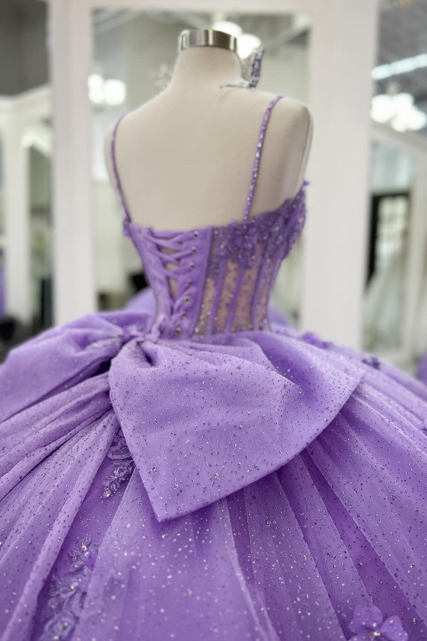 Purple Tulle Quinceanera Dress Strapless Ball Gown with 3D Beaded Flowers & Pleated Bow Details for Sweet 16 Evening and Formal Events