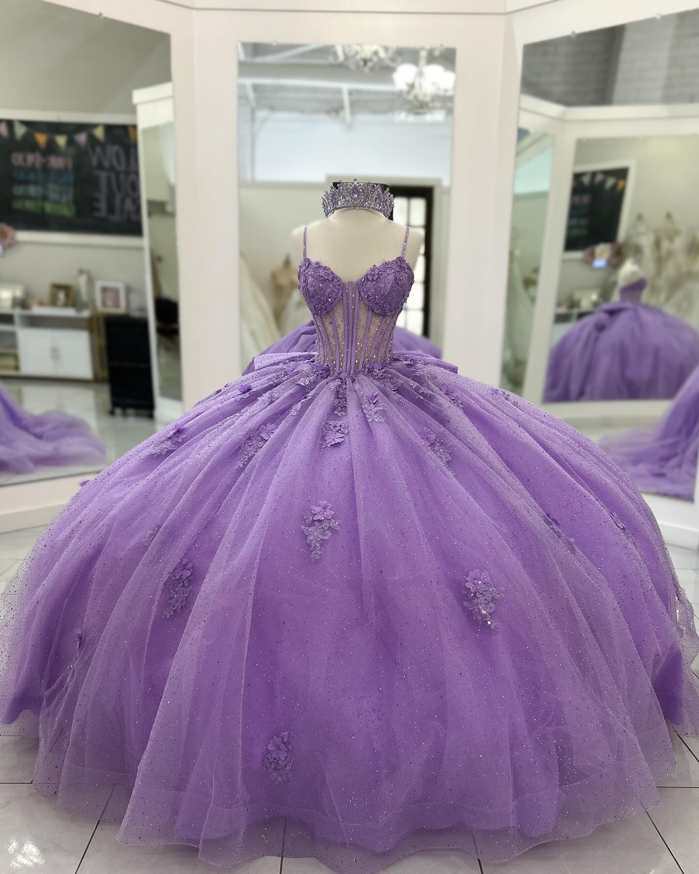 Purple Tulle Quinceanera Dress Strapless Ball Gown with 3D Beaded Flowers & Pleated Bow Details for Sweet 16 Evening and Formal Events
