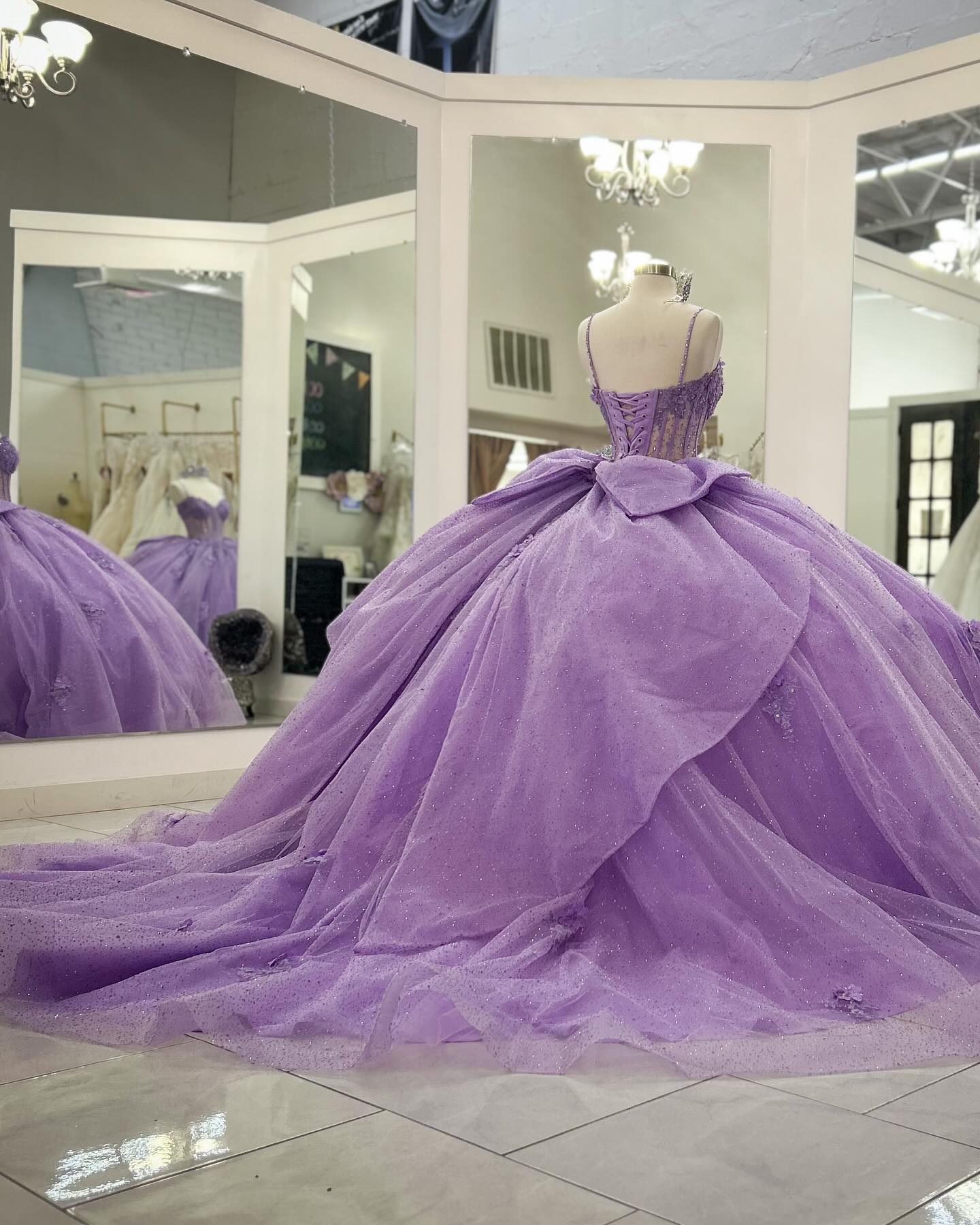 Purple Tulle Quinceanera Dress Strapless Ball Gown with 3D Beaded Flowers & Pleated Bow Details for Sweet 16 Evening and Formal Events