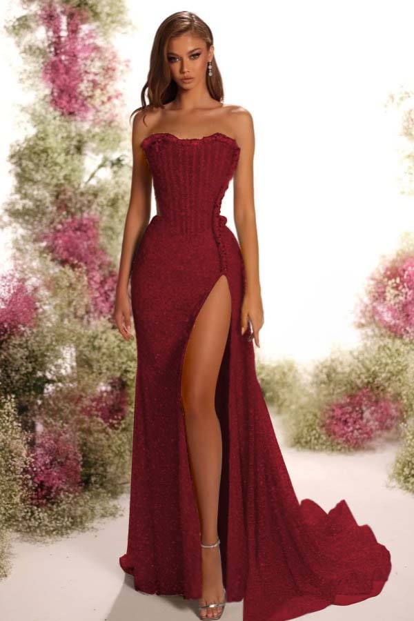 Strapless Sleeveless Long Split Formal Dress With Pleated Sequins