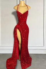 Glamorous Halter Burgundy High Split Floor Length Prom Party Dresses