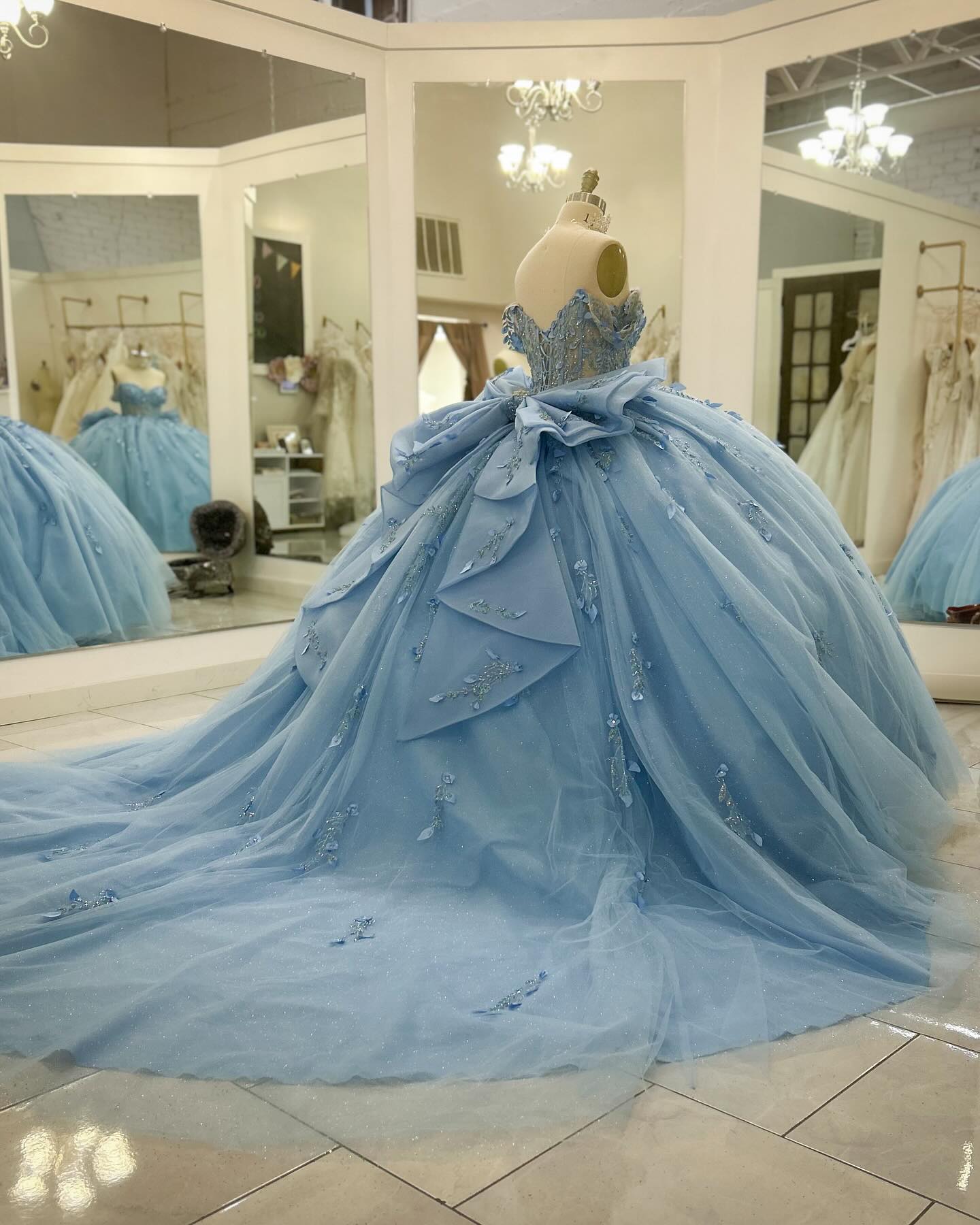 Baby Blue Ball Gown Off-Shoulder Beaded Tulle Quinceanera Dress with 3D Floral Appliques & Sparkly Tiered Skirt for Sweet 16 & Formal Events