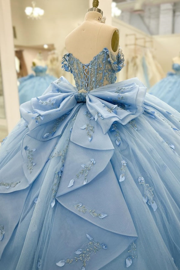 Baby Blue Ball Gown Off-Shoulder Beaded Tulle Quinceanera Dress with 3D Floral Appliques & Sparkly Tiered Skirt for Sweet 16 & Formal Events