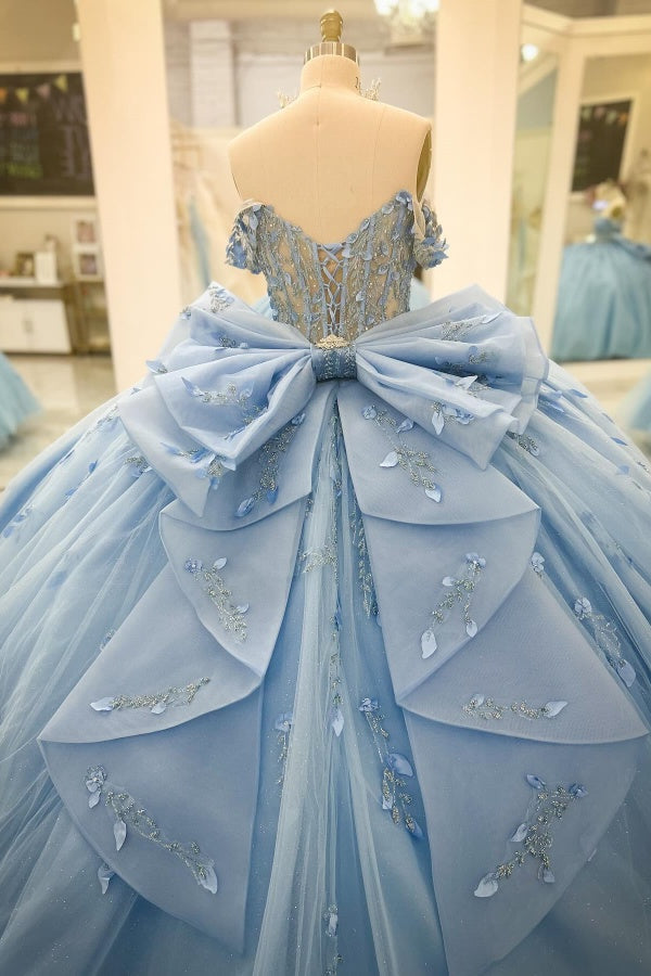 Baby Blue Ball Gown Off-Shoulder Beaded Tulle Quinceanera Dress with 3D Floral Appliques & Sparkly Tiered Skirt for Sweet 16 & Formal Events