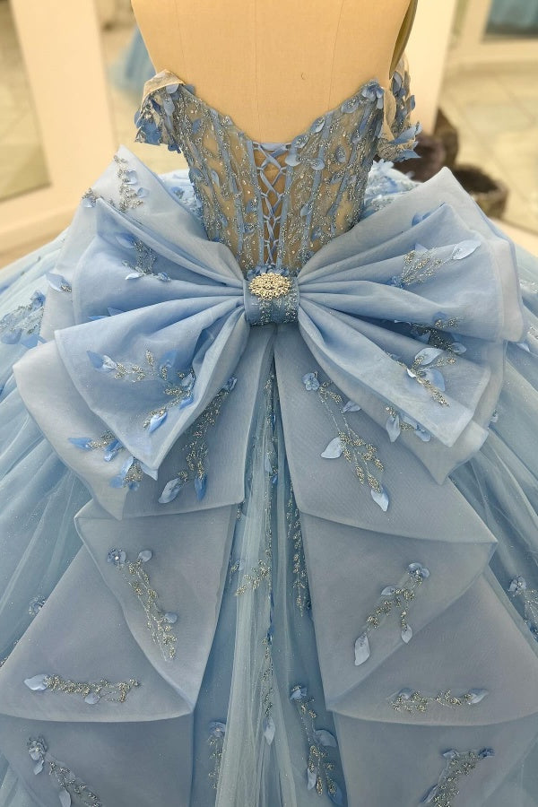 Baby Blue Ball Gown Off-Shoulder Beaded Tulle Quinceanera Dress with 3D Floral Appliques & Sparkly Tiered Skirt for Sweet 16 & Formal Events