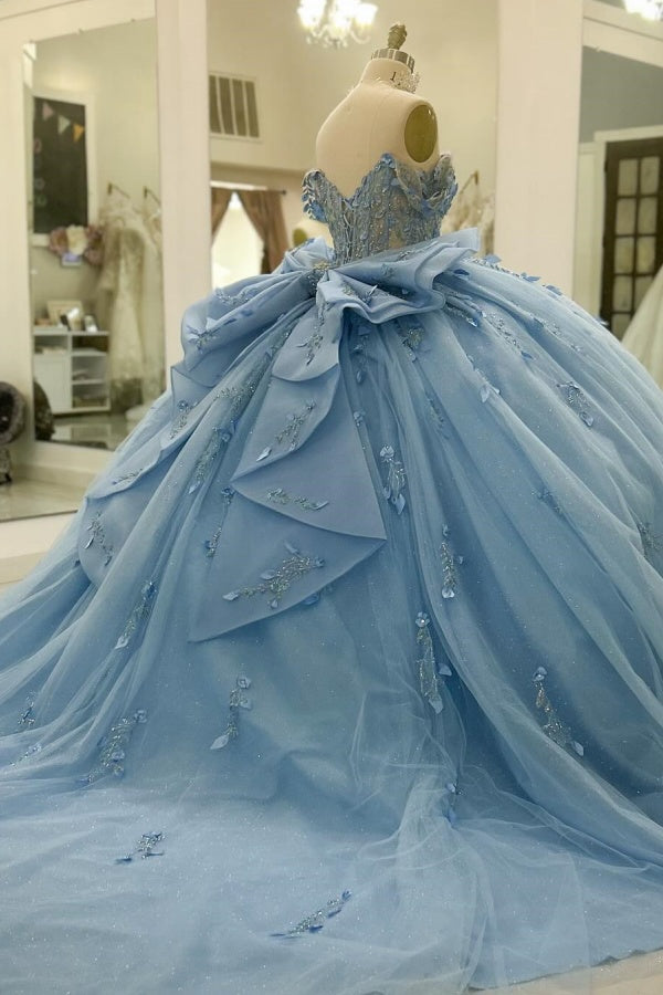Baby Blue Ball Gown Off-Shoulder Beaded Tulle Quinceanera Dress with 3D Floral Appliques & Sparkly Tiered Skirt for Sweet 16 & Formal Events