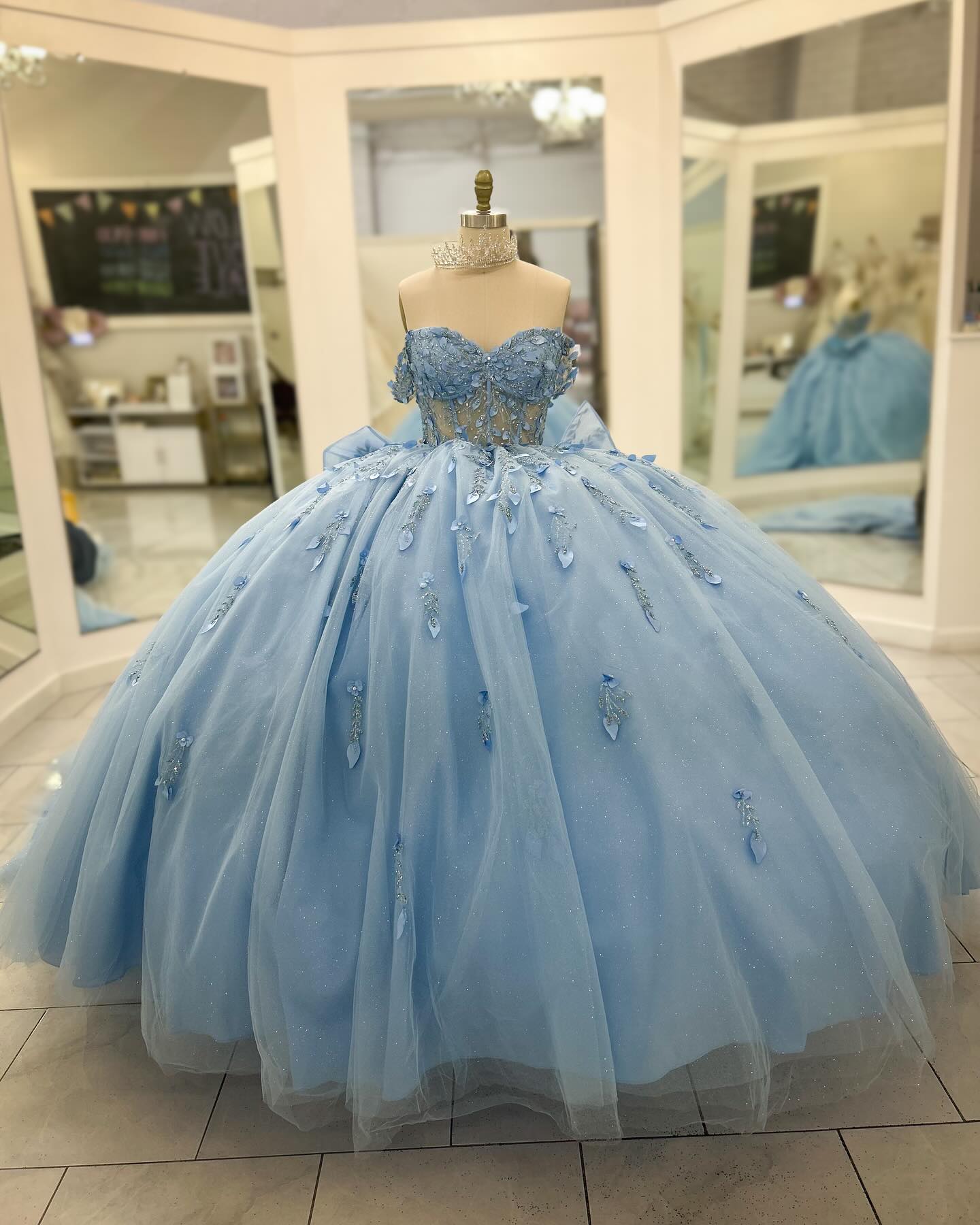 Baby Blue Ball Gown Off-Shoulder Beaded Tulle Quinceanera Dress with 3D Floral Appliques & Sparkly Tiered Skirt for Sweet 16 & Formal Events