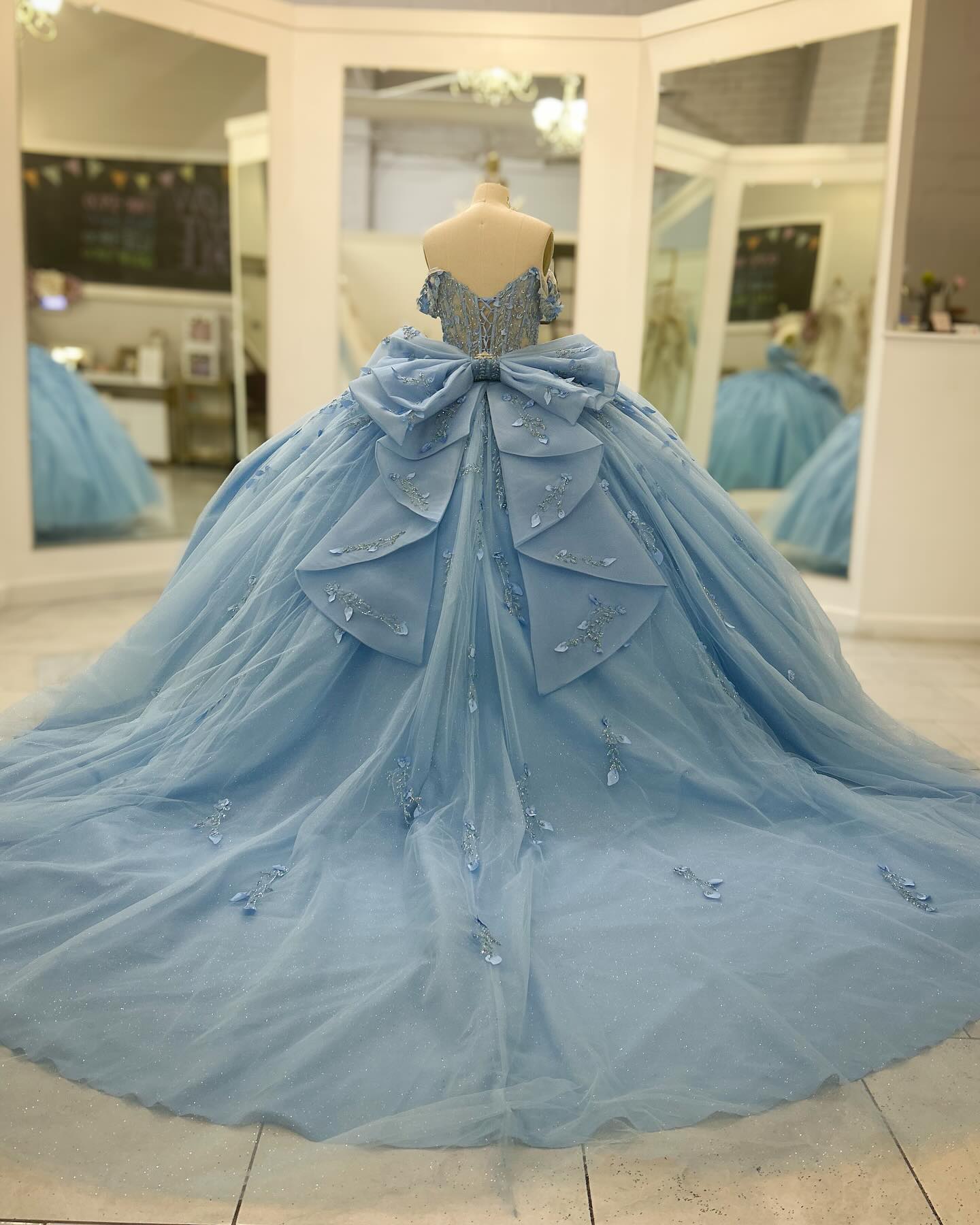 Baby Blue Ball Gown Off-Shoulder Beaded Tulle Quinceanera Dress with 3D Floral Appliques & Sparkly Tiered Skirt for Sweet 16 & Formal Events