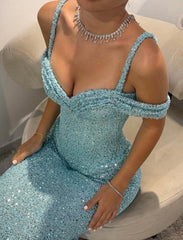 Schulterfreies, ärmelloses, langes Meerjungfrauen-Abendkleid mit Pailletten
