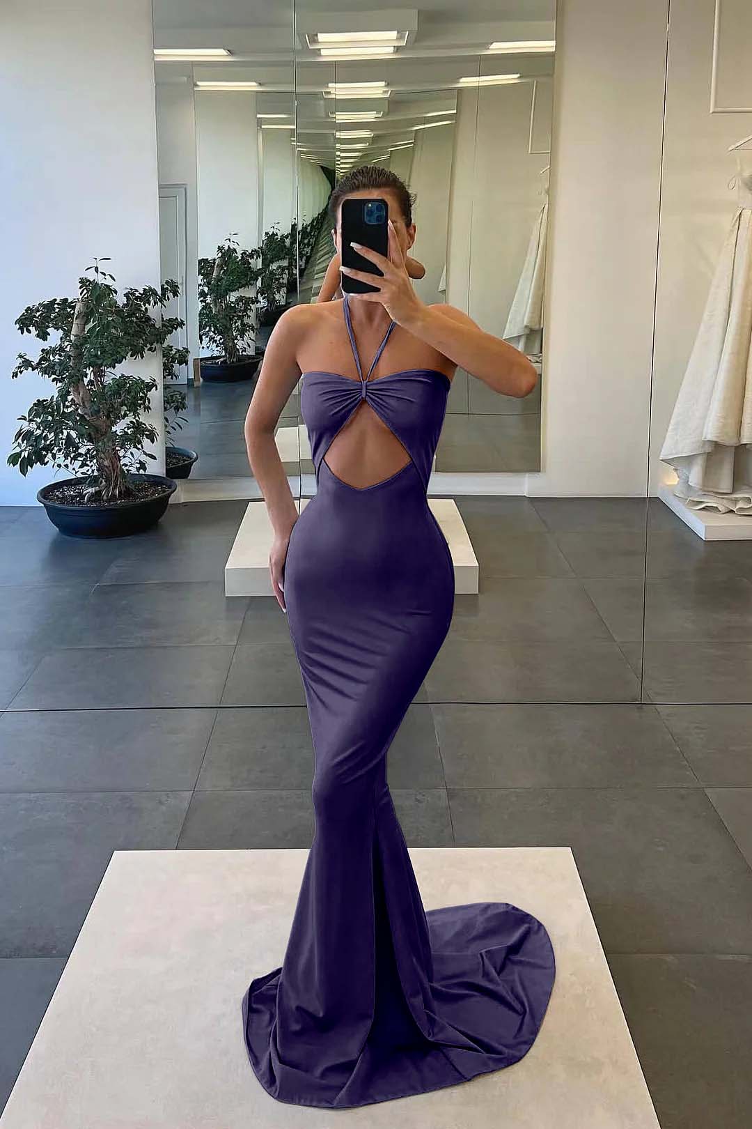 Newinlook Strapless Blue Mermaid Evening Dress With Sleeveless Halter