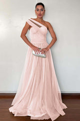 One Shoulder Sweetheart Sleeveless Long Formal Dress With Pleated