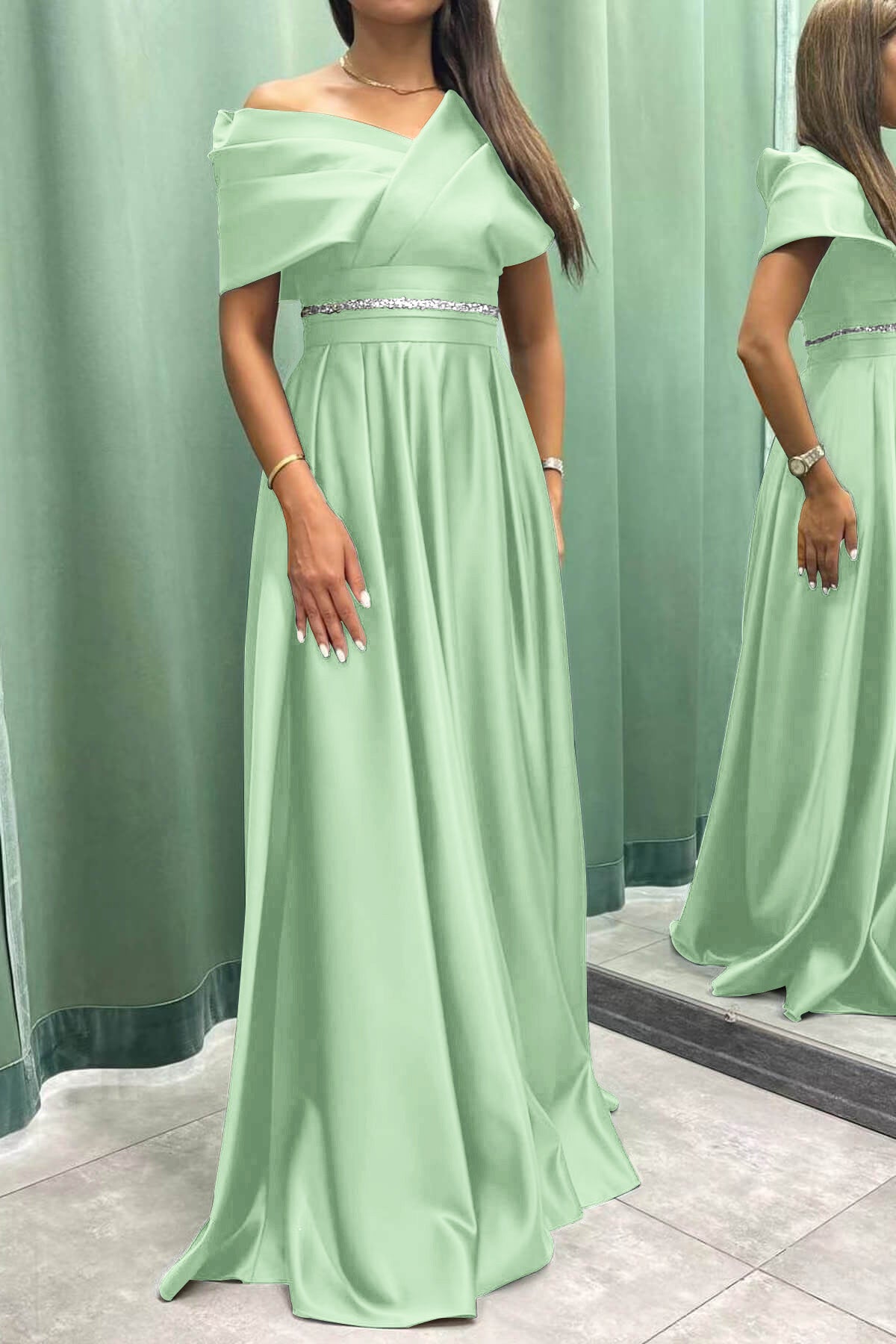 Newinlook Long Elegant Evening Dress Pleat Off-The-Shoulder