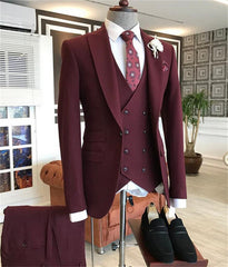 Newinlook Modern Burgundy Three-Piece Groom Suit with Peaked Lapel for Prom