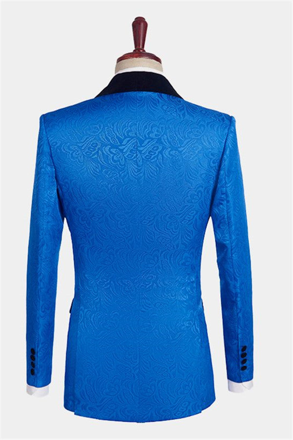 Newinlook Royal Blue Floral Jacquard Wedding Suit - Three Pieces for Men