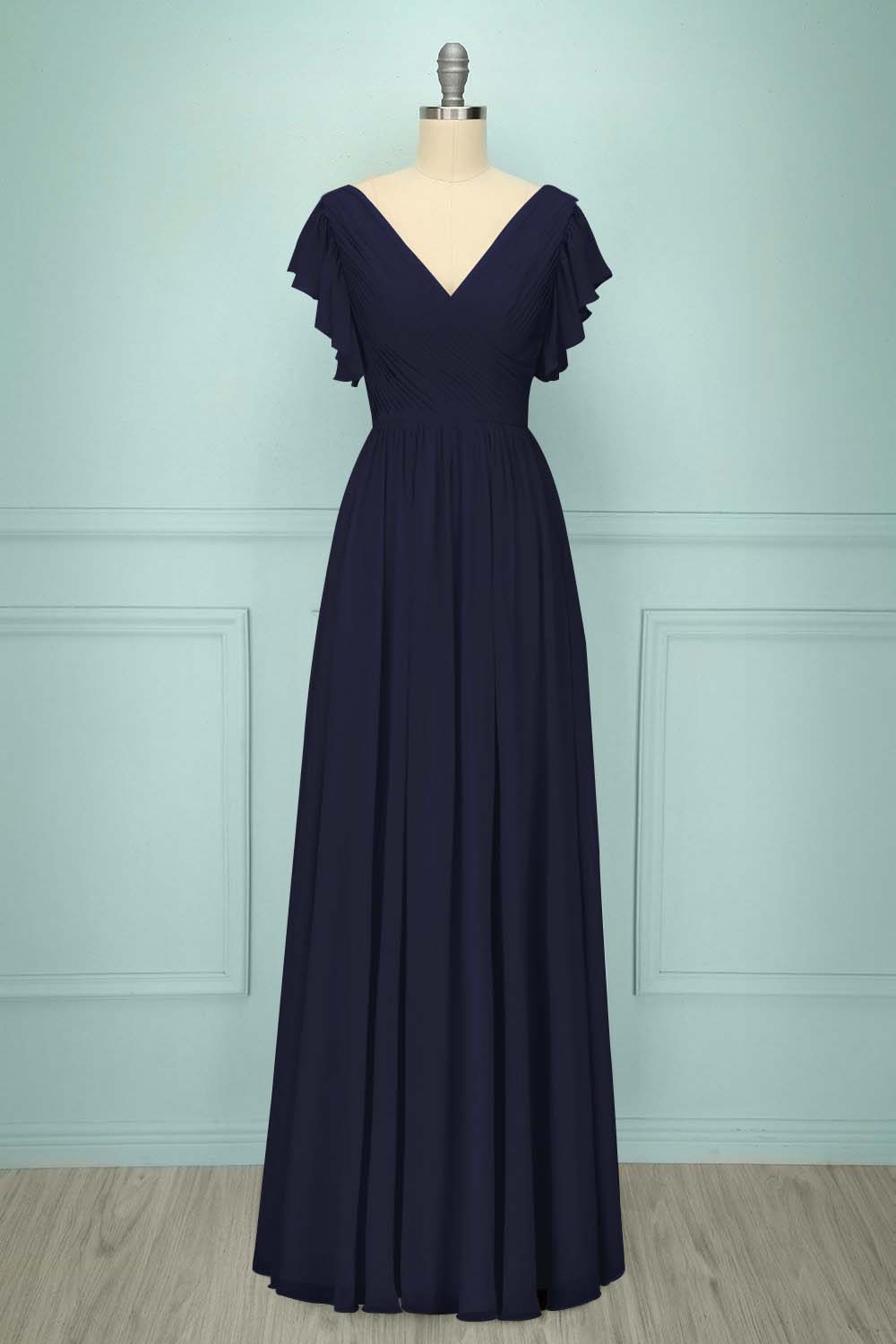 Chiffon V Neck Sleeveless Long Formal Dress With Pleated Ruffle