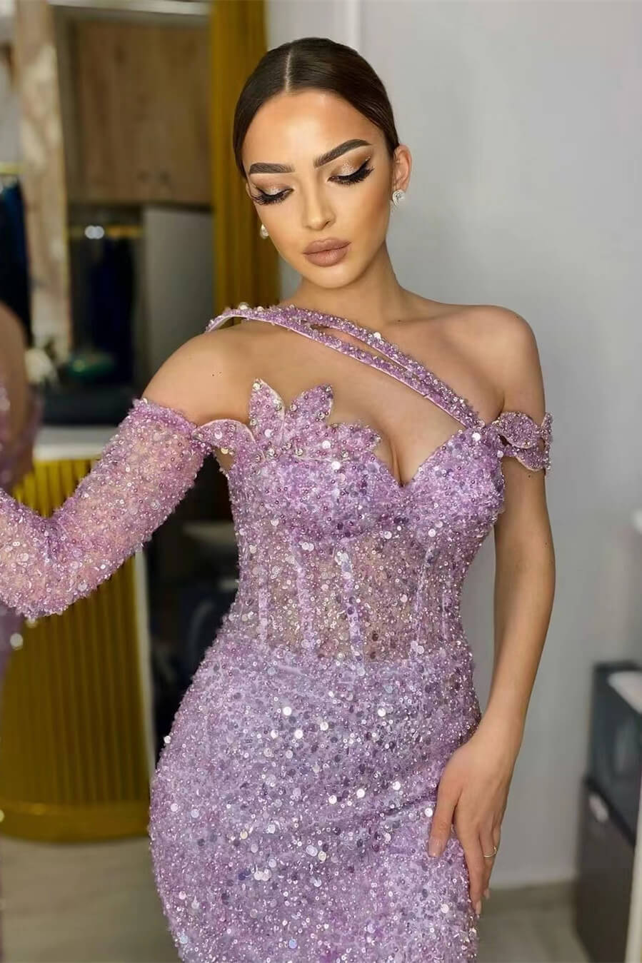 Gorgeous Long Sleeves One Shoulder Lavender Formal Dress Mermaid With Sequins