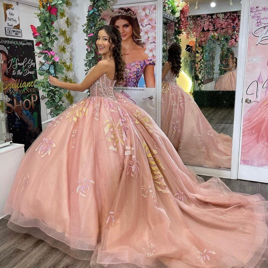 Pink Tulle Princess Quinceanera Dress Sweetheart Neckline with Glitter Appliques & Beaded Detail for Sweet 16 or Birthday Party