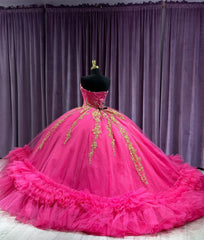 Gold-Lace Ball Gown Strapless Hot Pink Tulle Quinceanera Dress with Tiered Ruffles & Beaded Details for Sweet 16 & Birthday Galas