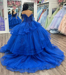 Royal Blue Ball Gown Off-Shoulder Lace Applique Beaded Tulle Princess Dress for Quinceanera & Sweet 16