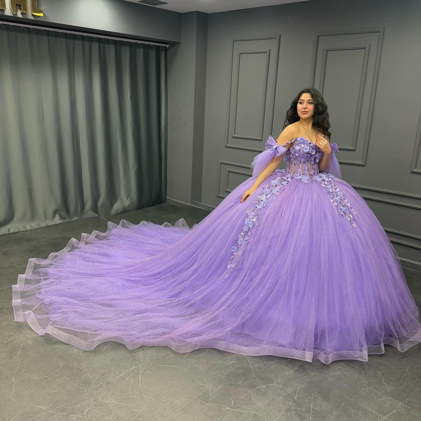 Off-Shoulder Purple Ball Gown Sequined 3D Floral Applique Pleated Tulle Quinceanera & Sweet 16 Party Dress