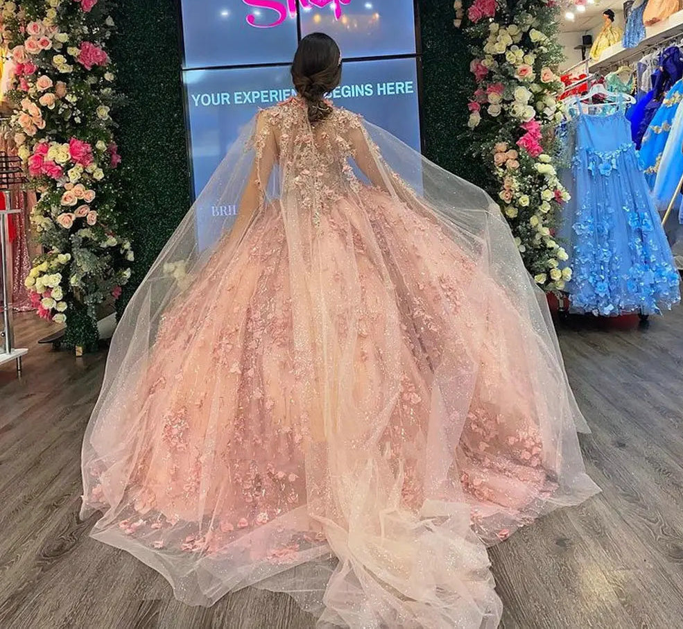 Ball Gown Strapless Cape Dress 3D Floral Appliques & Beaded Details in Rose Pink Tulle for Quinceanera or Sweet 16