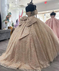 Champagne Quinceanera Ball Gown Off-Shoulder Spaghetti Strap Lace Applique Tulle Dress for Sweet 16