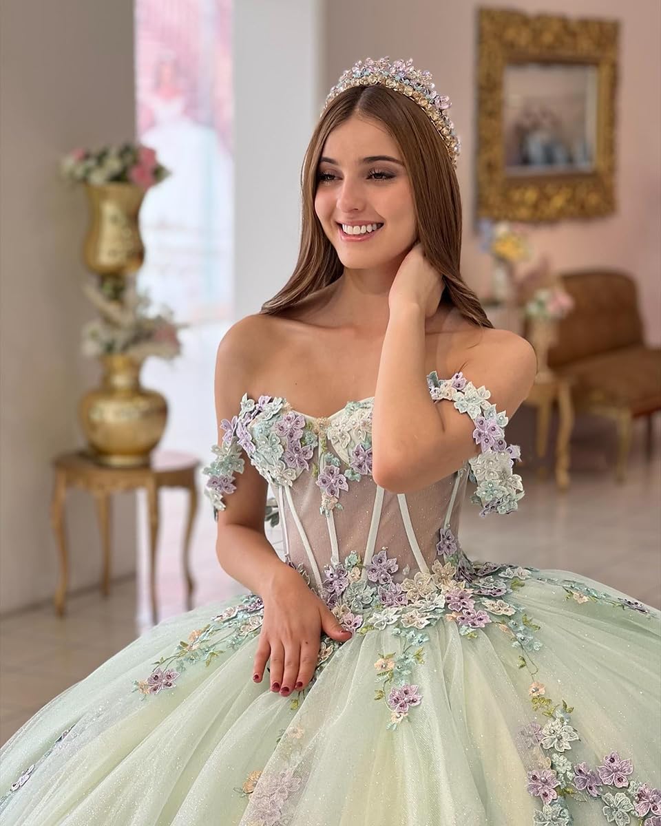 Exquisite Mint Green Ball Gown Off-Shoulder Corset with 3D Floral Lace Appliques for Quinceanera & Sweet 16