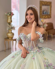 Exquisite Mint Green Ball Gown Off-Shoulder Corset with 3D Floral Lace Appliques for Quinceanera & Sweet 16