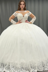White Tulle Ball Gown Scoop Neck Lace Appliques & Pleated Skirt for Quinceanera Sweet 16 and Formal Evenings