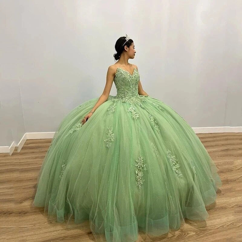 Sage Green Quinceanera Dress Strapless Lace Ball Gown with 3D Floral Beading for Sweet 16 & Special Occasions
