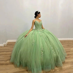 Sage Green Quinceanera Dress Strapless Lace Ball Gown with 3D Floral Beading for Sweet 16 & Special Occasions