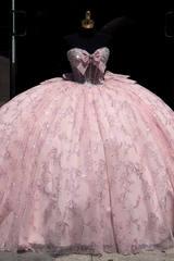 Strapless Ball Gown Sparkling Sequins & Beaded Bow Detail for Quinceanera Sweet 16 or Birthday Party