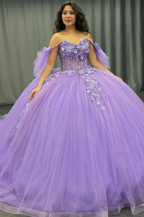 Off-Shoulder Purple Ball Gown Sequined 3D Floral Applique Pleated Tulle Quinceanera & Sweet 16 Party Dress