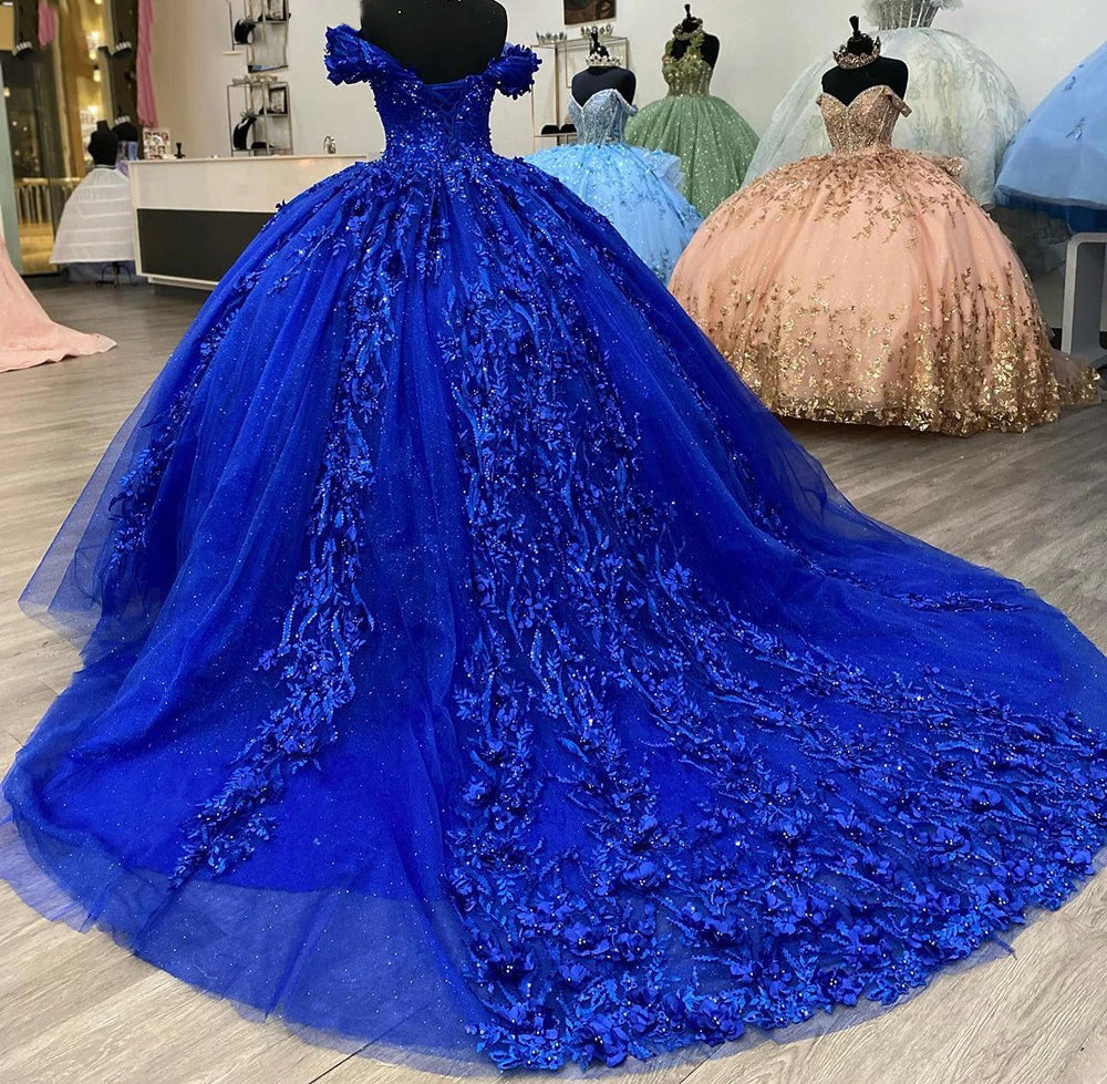 Royal Blue Off-Shoulder Ball Gown Lace & Beaded Quinceanera Dress for Sweet 16 & Prom
