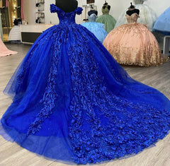 Royal Blue Off-Shoulder Ball Gown Lace & Beaded Quinceanera Dress for Sweet 16 & Prom
