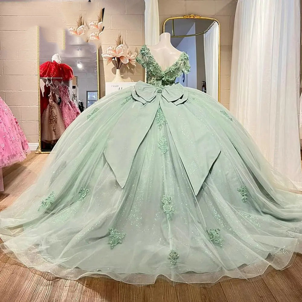 Mint Green Ball Gown V-Neck Lace Applique Beaded Bow Quinceanera & Sweet 16 Party Dress