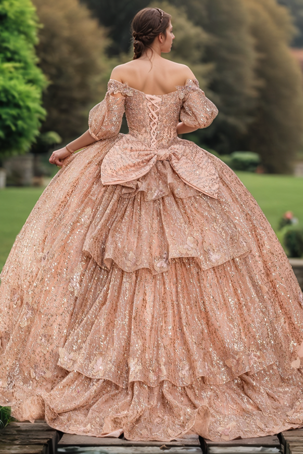 Rose Gold Ball Gown Off-Shoulder 3D Butterfly & Glitter Tulle Quinceanera Dress for Sweet 16 & Birthday Parties