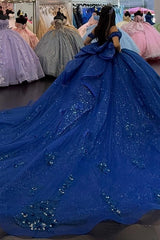 Royal Blue Off-Shoulder Ball Gown Sparkling 3D Flower Appliques & Bow Detail Quinceanera Dress for Sweet 16 Evening & Formal Events