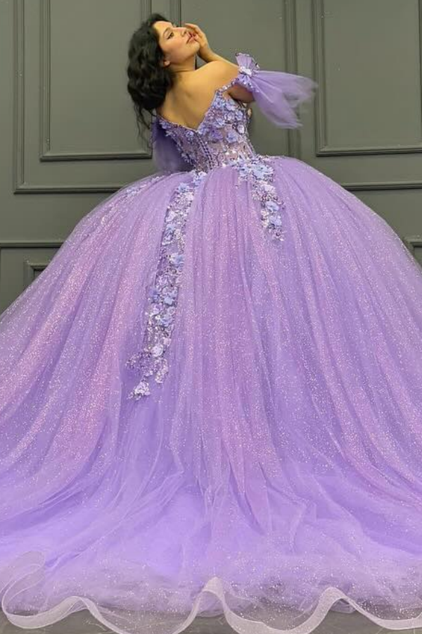 Off-Shoulder Purple Ball Gown Sequined 3D Floral Applique Pleated Tulle Quinceanera & Sweet 16 Party Dress