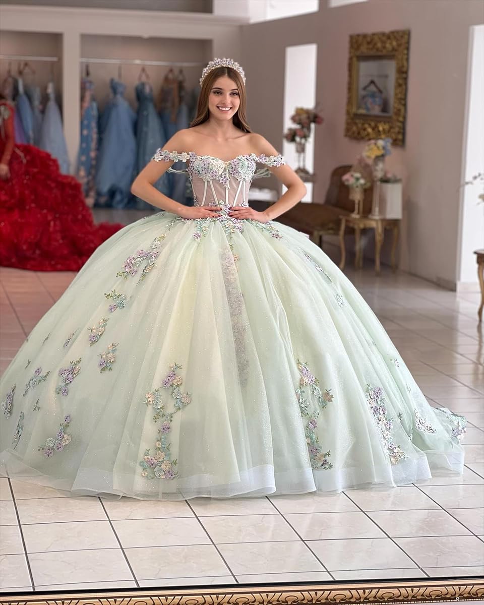 Exquisite Mint Green Ball Gown Off-Shoulder Corset with 3D Floral Lace Appliques for Quinceanera & Sweet 16