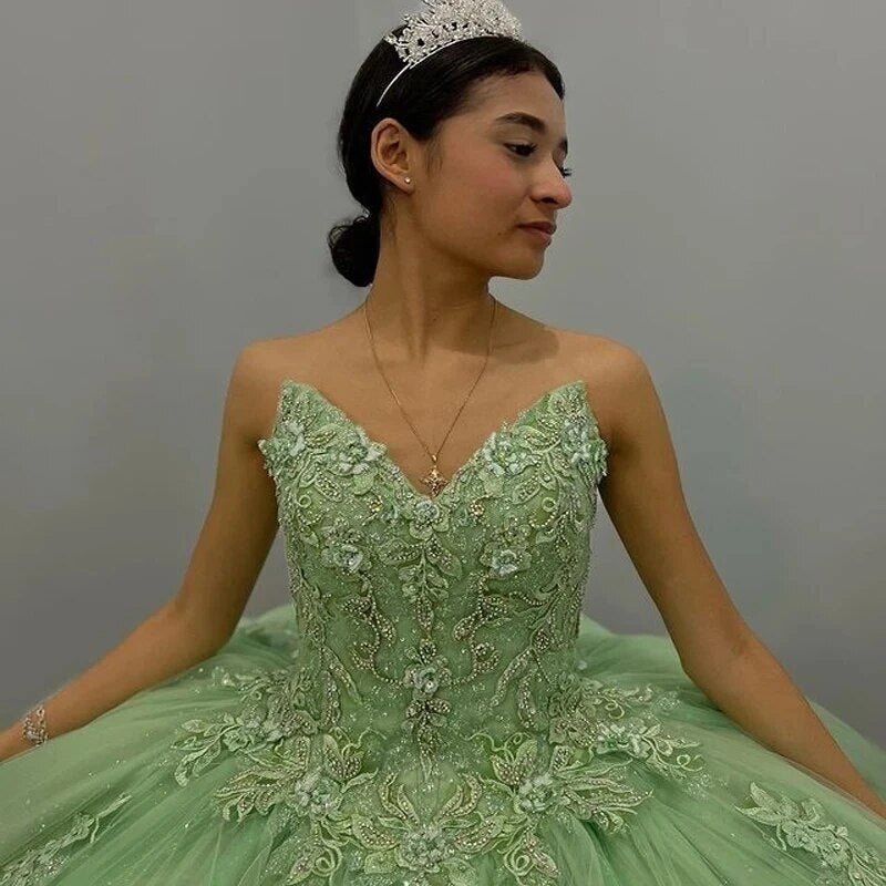 Sage Green Quinceanera Dress Strapless Lace Ball Gown with 3D Floral Beading for Sweet 16 & Special Occasions