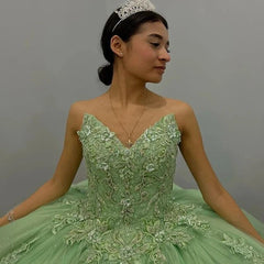 Sage Green Quinceanera Dress Strapless Lace Ball Gown with 3D Floral Beading for Sweet 16 & Special Occasions