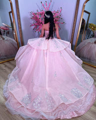 Ball Gown with Sweetheart Neckline Lace Flower Appliques Tiered Ruffles and Pink Tulle for Quinceanera Sweet 16 & Formal Evenings