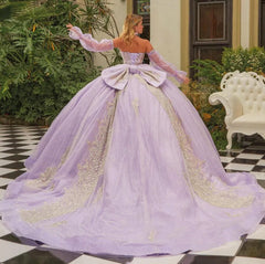 Lilac Tulle Princess Ball Gown Strapless Long Sleeves with Lace Appliques & Beaded Bow for Quinceanera Sweet 16 & Evening Galas