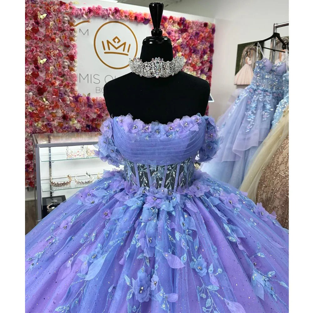 Exquisite Off-Shoulder Ball Gown 3D Floral Lace Beaded Purple Tulle Quinceanera Dress for Sweet 16 & Princess Galas