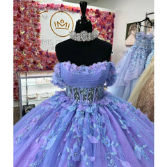 Exquisite Off-Shoulder Ball Gown 3D Floral Lace Beaded Purple Tulle Quinceanera Dress for Sweet 16 & Princess Galas