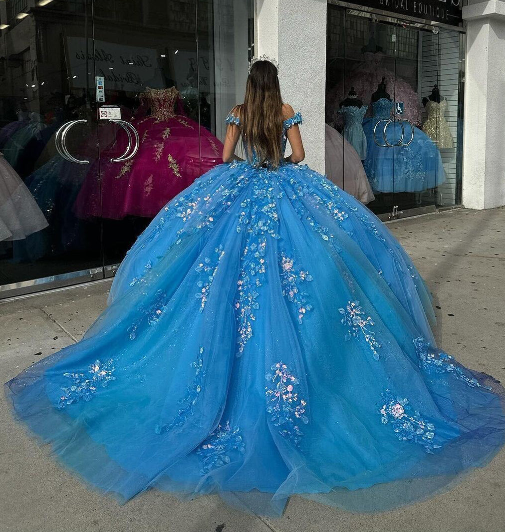 Off-Shoulder Beaded Lace Ball Gown Blue Tulle Quinceanera Dress for Sweet 16 & Evening Galas