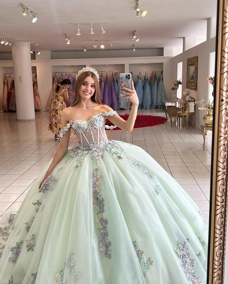 Exquisite Mint Green Ball Gown Off-Shoulder Corset with 3D Floral Lace Appliques for Quinceanera & Sweet 16