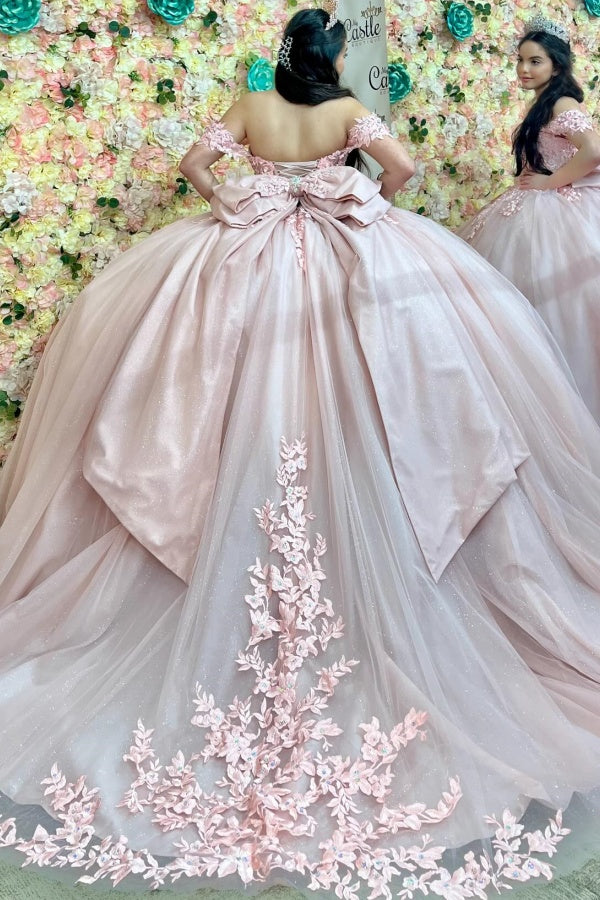 Light Pink Tulle Quinceanera Dress Off-Shoulder Ball Gown with Crystal Appliques Lace-Up Back & Big Bow Knot