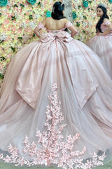 Light Pink Tulle Quinceanera Dress Off-Shoulder Ball Gown with Crystal Appliques Lace-Up Back & Big Bow Knot
